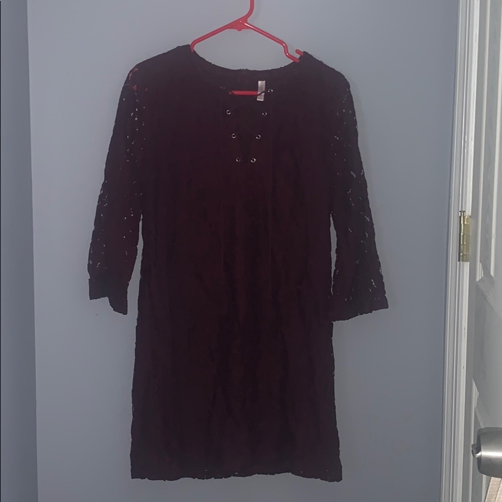 maroon lace dress with cross cross and tassels